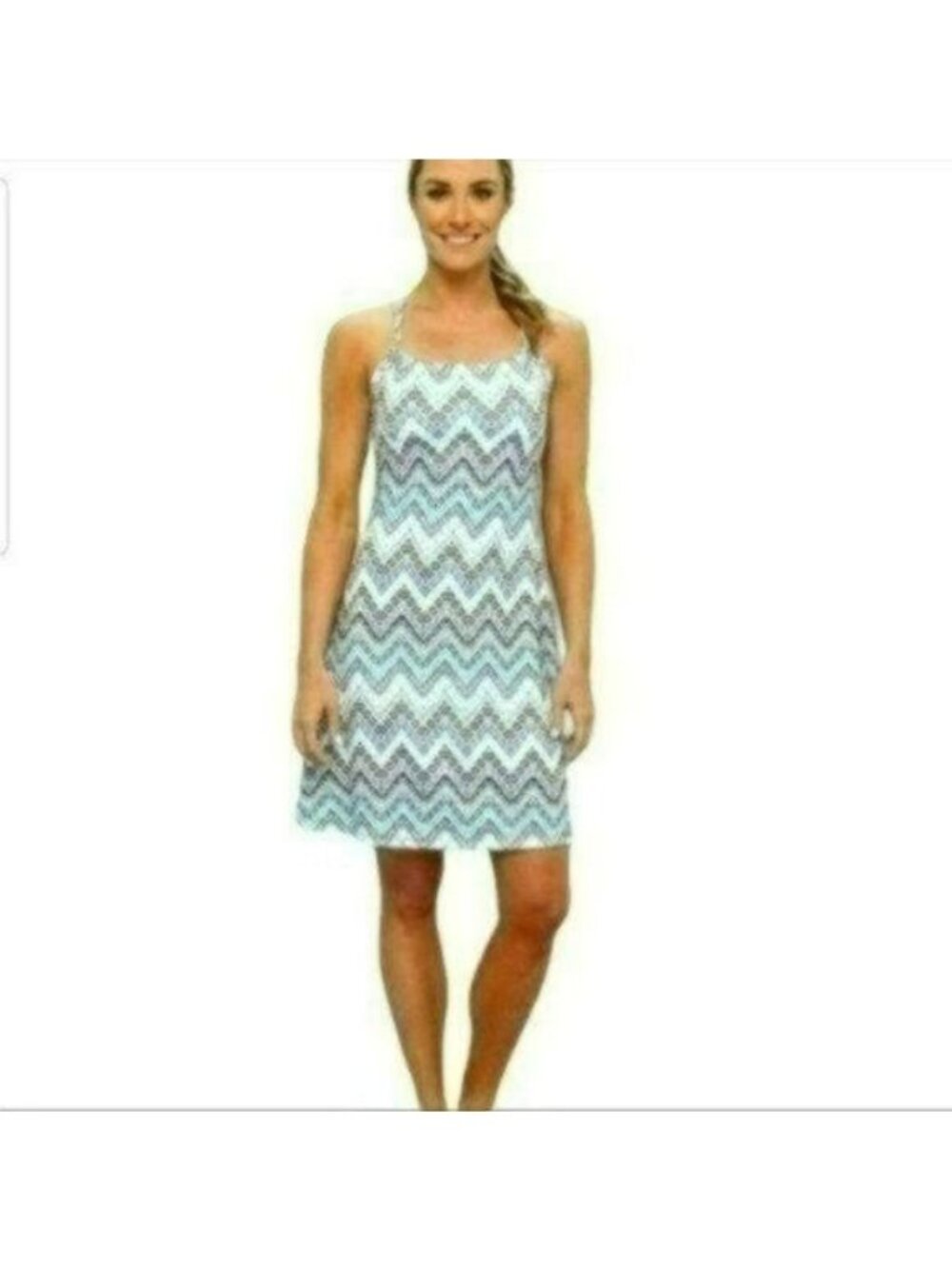 Prana Quinn Women's Small Blue Knit Chevron Racerback Above Knee Sheath Dress
